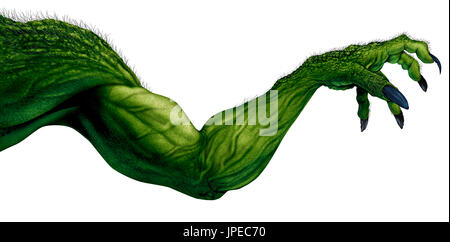 Monster arm auf einem weißen Hintergrund als grabbing Zombie element Mit spitzen Nägeln und Muskeln wie eine gruselige Halloween isoliert. Stockfoto