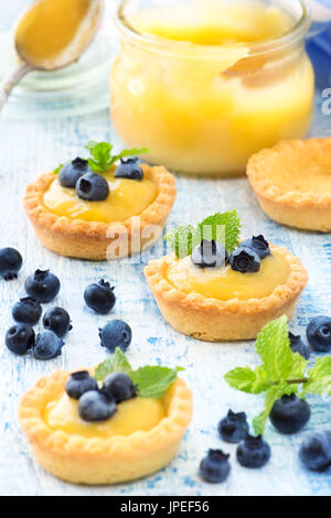 Köstliche hausgemachte Zitronencreme-Törtchen mit frischen Blaubeeren und Minze dekoriert Stockfoto