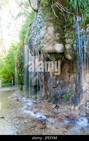 Zarte Wasserfall von frischem Quellwasser in der Nähe von der Ermita de Sta Elena, Pyrenäen, Huesca Provinz, Aragon, Spanien Stockfoto