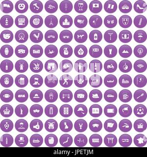 100 touristischen Attraktionen Icons set lila Stock Vektor