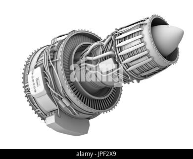 3D Ton Rendern von Turbofan-Triebwerk isoliert auf weißem Hintergrund. 3D-Rendering Bild. Stockfoto