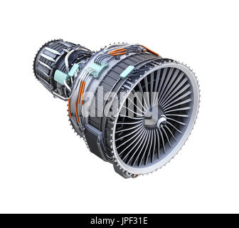 Turbofan-Triebwerk isoliert auf weißem Hintergrund. 3D-Rendering Bild. Stockfoto