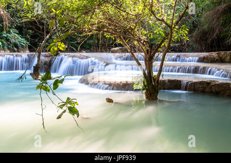 Kouang Xi Wasserfälle mit türkisfarbenen Pools, Laos Stockfoto