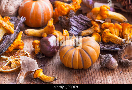 Im Herbst dekorative Kürbisse mit Pilzen, Kastanien auf Holzbrett, herbstliche Dekorationen Stockfoto