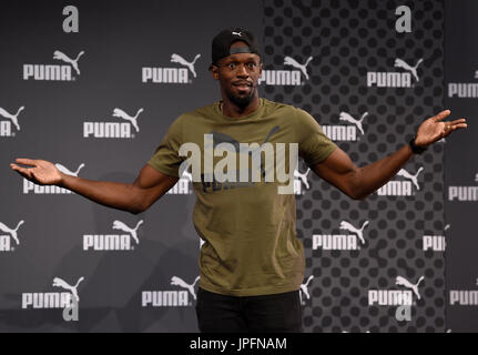 London, UK. 1. August 2017. Jamaikanischer Sprinter Usain Bolt gibt eine Pressekonferenz in London, England, 1. August 2017. Die Leichtathletik WM 2017 wird im Olympiastadion in London zwischen 4 und 13 August stattfinden. Foto: Rainer Jensen/Dpa/Alamy Live-Nachrichten Stockfoto