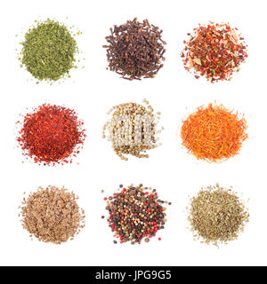 Eine Sammlung von verschiedenen Gewürzen auf weißem Hintergrund Stockfoto