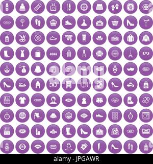 100 Frau shopping Icons set lila Stock Vektor