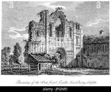 Gravur der Reste der West Front, Castle Acre Priory, Norfolk gescannt und in hoher Auflösung aus einem Buch von 1808. Glaubten copyright frei. Stockfoto