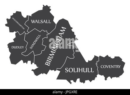 West Midlands metropolitan County England UK schwarz-Karte mit weißen Etiketten Abbildung Stock Vektor