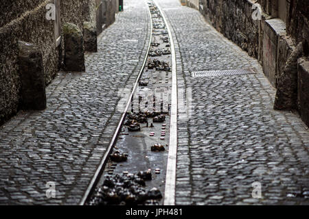 modern und urban Wasser ablassen oder Graben auf der Straße. Dachrinnen in jeder Stadt, gehen Sie nach unten auf den Fluss. Stockfoto