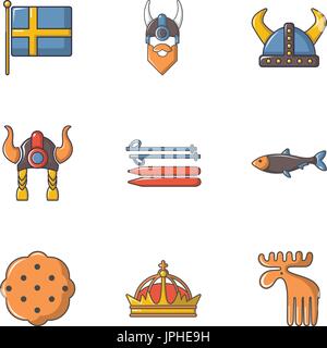 Schweden Geschichte Symbole gesetzt, Cartoon-Stil Stock Vektor