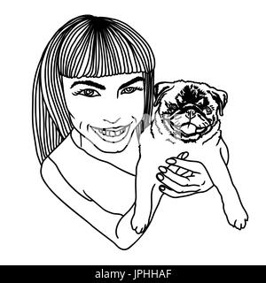 Glückliche Mädchen und Mops Hund. Vektor-Illustration. Stock Vektor