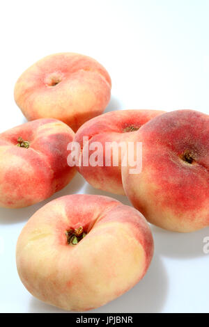 Chinesische flache Pfirsiche, Weinberg-Pfirsiche, (Prunus Persica var. Platycarpa) Stockfoto