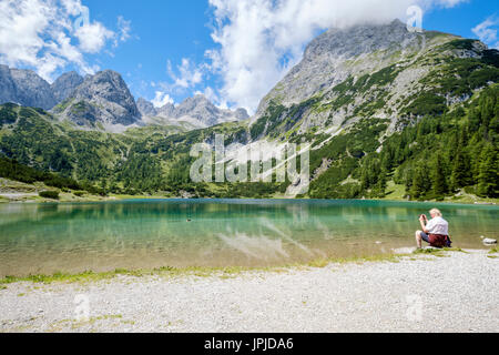 Seebensee vor der Mieminger Gebirge Palette, Ehrwald, Tirol, Österreich Stockfoto