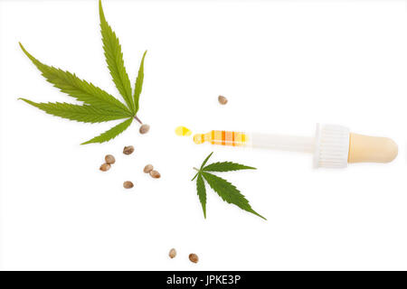 CBD-Marihuana-Öl in Medizin Tropfer mit Marihuana Blätter und Samen, isoliert auf weißem Hintergrund. Medizinisches Marihuana, pflanzliche Heilmittel. Stockfoto