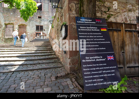 Heidelberger Schloss ist auch bekannt als Schloss Heidelberg eine Ruine romantische Burg auf einem Hügel von Hals Brücke Renaissance Garten umgeben. Stockfoto