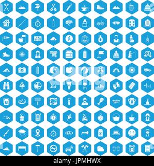 100 Familien camping Icons set blau Stock Vektor