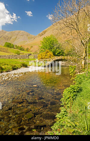 Eine atemberaubende Landschaft, alte Stein gewölbt Fußgängerbrücke über Tröpfelnden stream & Weg vorbei an Farmland zu baumlosen Hügel des Lake District Nat Pk Stockfoto