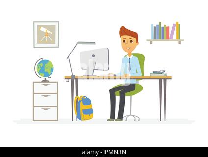 Online-Bildung - Illustration der junge Student am Computer zu Hause Stock Vektor