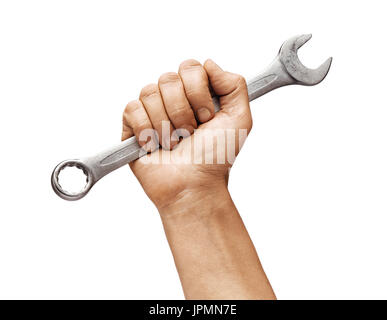 Mannes Hand hält einen Schraubenschlüssel isoliert auf weißem Hintergrund. Hautnah. Hohe Auflösung-Produkt Stockfoto