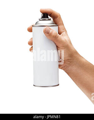 Hand des Mannes hält Spraydose isolierten auf weißen Hintergrund. Hautnah. Hohe Auflösung-Produkt Stockfoto