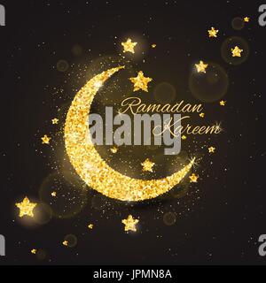 Vektor Ramadan Kareem Hintergrund mit funkelnden Goldenen Glitzer strukturierte Mond mit Sternen auf braun Leuchten Hintergrund für muslimischen Fastenmonats. Saisonale Ferie Stock Vektor