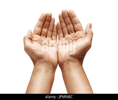 Nahaufnahme des Mannes hohlen Hand zeigen etwas auf weißem Hintergrund. Handflächen nach oben. Hohe Auflösung-Produkt Stockfoto