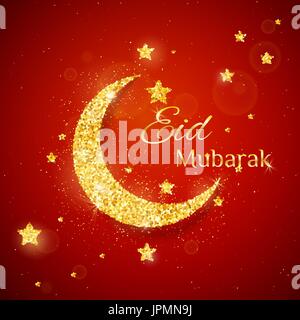 Vektor Eid Al Firt Hintergrund mit funkelnden Goldenen Glitzer strukturierte Mond mit Sternen auf rot leuchten Hintergrund für muslimischen Fastenmonats. Weihnachtsferien-g Stock Vektor