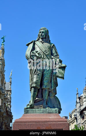 Antwerpen, Belgien. Statue auf Teniersplaats: David Teniers der Jüngere (1610-1690), flämischer Künstler in Antwerpen geboren, Sohn von David Teniers der Ältere. Stockfoto