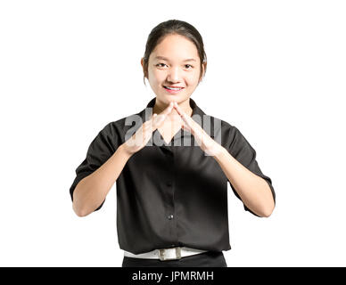 Portrait über eine schöne asiatische Geschäftsfrau Lächeln auf den Lippen und zeigt nach Hause Schild Hände. Isoliert auf weißem Hintergrund mit textfreiraum und Clipping-Pfad Stockfoto