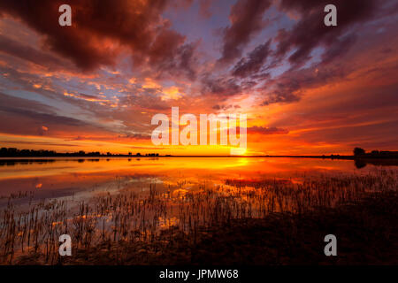 Strong vivid sunrise or a sunset reflecting in the waters of a lake Stockfoto