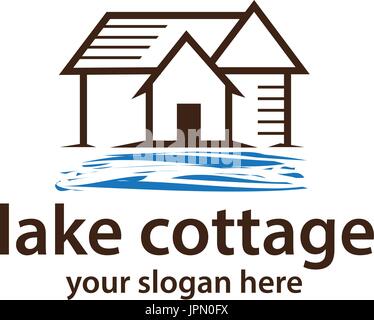 Umrisse der Hütte mit Seewasser, Logo-Design, isoliert auf weißem Hintergrund. Stock Vektor