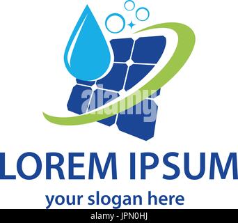 Solar-Panel mit Wassertropfen und Bläschen, Logo-Design, isoliert auf weißem Hintergrund. Stock Vektor