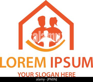glückliche Familie Logo, Eltern mit ihrem Kind mit Umriss des Hauses, isoliert auf weißem Hintergrund. Stock Vektor