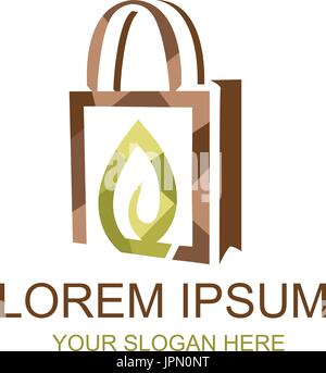 Einkaufstasche mit einem Blatt, polygonale Stil, Logo-Design, isoliert auf weißem Hintergrund. Stock Vektor