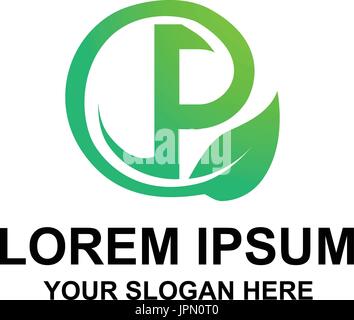 Buchstabe P innerhalb eines Kreises verbunden mit einem Blatt, Logo-Design, isoliert auf weißem Hintergrund. Stock Vektor