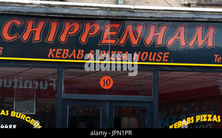 Fast-Food-Kebab und Pizza zum Mitnehmen Ladenschild Stockfoto