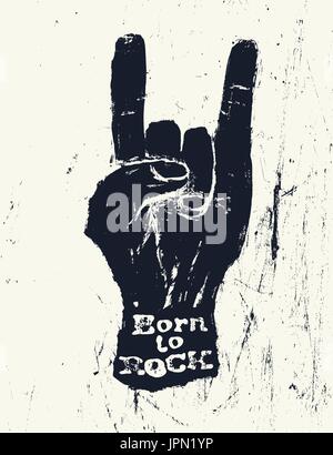 Horn-Geste und "Born to Rock" Text. Rockstar-Konzept. Vektor-Illustration. Hörner Geste Grunge Zusammensetzung auf weiß Stock Vektor