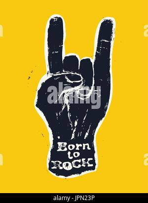 Horn-Geste und "Born to Rock" Text. Rockstar-Konzept. Vektor-Illustration. Hörner Geste Grunge Zusammensetzung auf weiß Stock Vektor