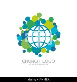 Logo der Kirche. Christliche Symbole. Das Kreuz Jesu und der ganzen Welt Stock Vektor