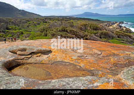 Wanderer auf der Hose Point Trail auf Flinders Island Stockfoto