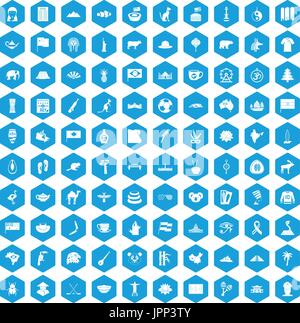 100 Sehenswürdigkeiten Icons set blau Stock Vektor