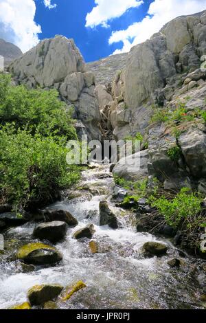 Gletscher schmelzen Schneiden durch Granit Ausbiss, schnell fließenden Bach Kanalisierung durch festen Fels, White Chief Canyon, Sequoia National Park Stockfoto