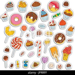 Doodle-Süßigkeiten-Satz. Eis, Donuts, Muffins, Schokolade, Bonbons. Stock Vektor