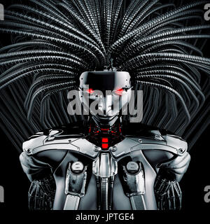 Weiblichen Cyborg Konzept / 3D Darstellung des metallischen weibliche Android mit fließenden Tentakeln Haar Stockfoto