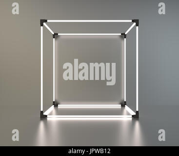 Leuchtende Würfel Schaufenster auf graue Reflexion Hintergrund. 3D-Rendering Stockfoto