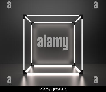 Leuchtende Würfel Schaufenster auf grauem Hintergrund mit Reflexion. 3D-Rendering Stockfoto