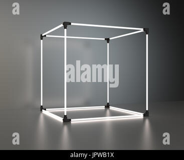 Leuchtende Würfel Schaufenster auf grauem Hintergrund mit Reflexion. 3D-Rendering Stockfoto