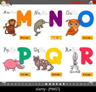 Cartoon-Illustration von Großbuchstaben-Alphabet Set mit Tier Zeichen für lesen und Schreiben von Bildung für Kinder von M bis R Stock Vektor