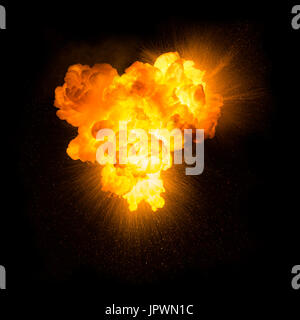 Realistische feurige Explosion mit Funken über einen schwarzen Hintergrund Stockfoto